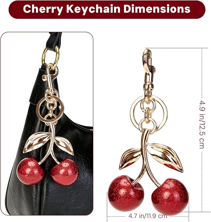 YDF Cherry Keychain Cute Bag Charm Women Leather Keyring Car Keys Gift Mother's Day Birthday Valentine's Purse Accessory