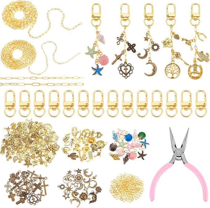 PH PandaHall 408pcs Keychain Making Kit, 30pcs Clasps with Pendants Chains Jump Rings Plier Key Chain Making Kit for Bag Straps Keychains Purse Chains DIY Crafts, Make 30 Sets