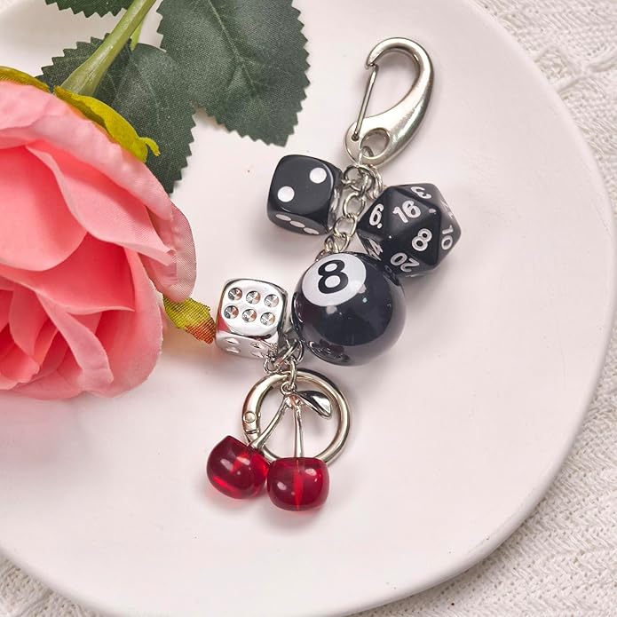 Y2K Keychain for Women, 8 Ball Dice Charm with Carabiner Clip - Cute Goth Core Keychain Bag Charm for Keys Bags Jeans