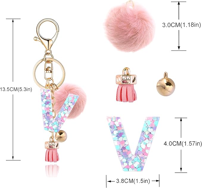 Resin Alphabet Initial Letter Keychain Keyring for Women Purse Handbags With Fur Ball Pom