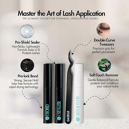 Gazelle Cluster Lash Glue Kit - Lash Bond, Sealer & Remover with Precision Lash Tweezers for DIY Lash Extensions |lash Glue for Eyelash Clusters Long-Lasting Hold & Easy Application