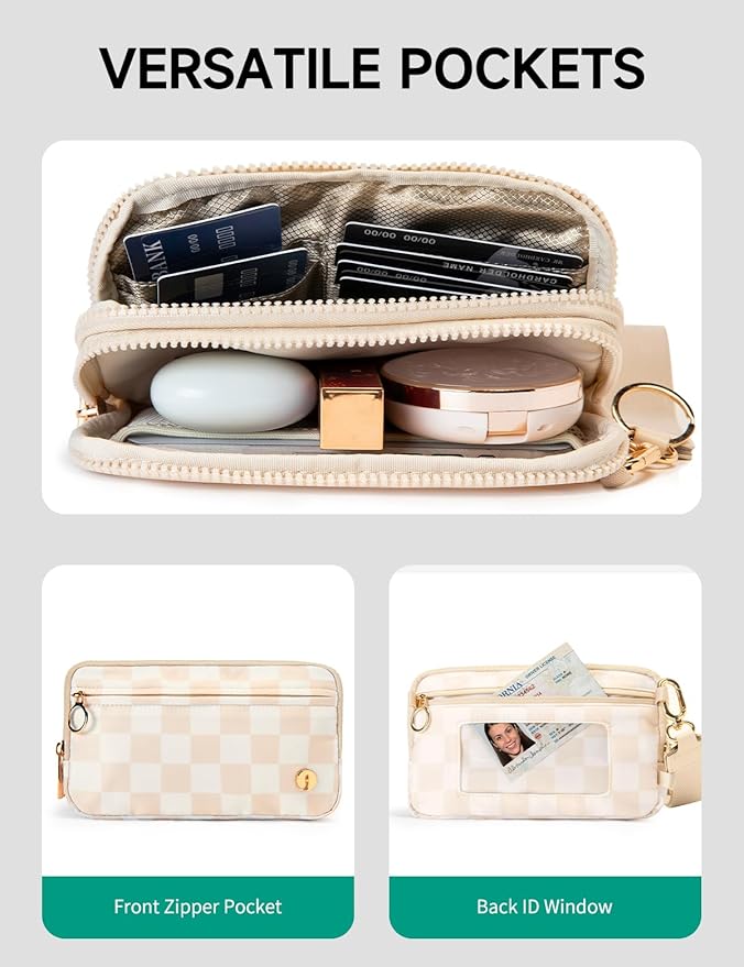Checkered Wristlet Wallets for Women RFID Blocking Small Zipper Nylon Crossbody Bag for Travel Card Phone Organizer Purse with ID Window and 2 Detachable Straps Black White Checkered