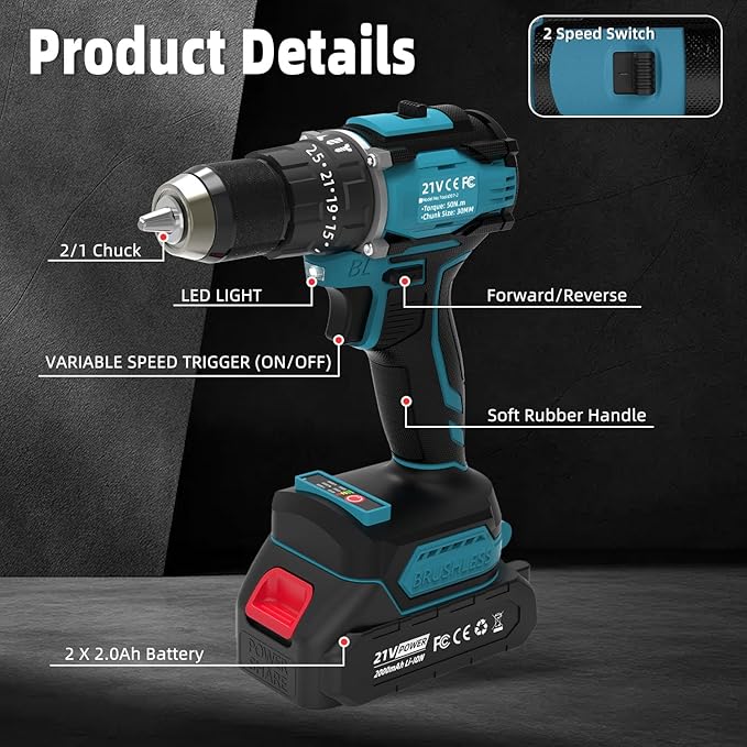 21V Cordless Power Drill/Driver Set, 50Nm Max Torque with 2 Batteries & Charger, 1/2 Inch Keyless Chuck, 3 Modes & 25 Position Torque Adjustment, 29Pcs Accessories for Home Use