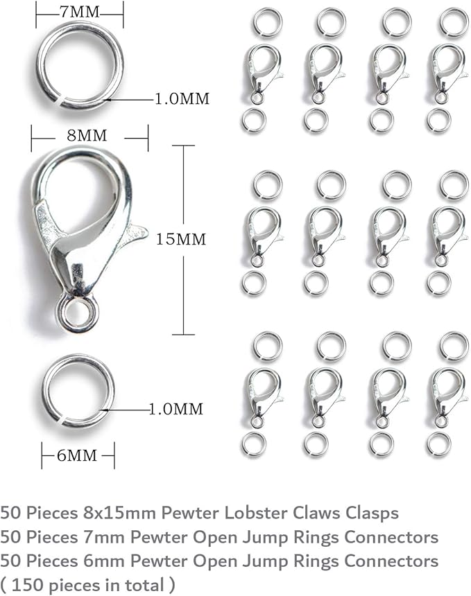 AD Beads 50 Pieces Lobster Claws Clasps Plus 100 Pieces 7mm Open Jump Rings Suitable for Necklace Bracelets Jewelry (8x15mm, Pewter)