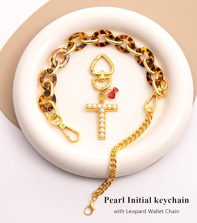 Pearl Initial Keychain with Leopard Bag Charms Wallet Chain Women Cute Alphabet Keychains Charm for Purse Handbag