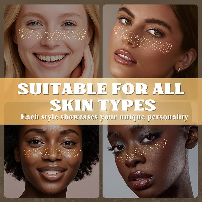 Aarovibe Gold Glitter Freckles Face Tattoo, 6pcs Fake Tattoos Sparkle Face Glitter, Waterproof Freckles Makeup Patches, Long-Lasting Sparkle for Festival Rave Concert Party Cosmetic Accessorie