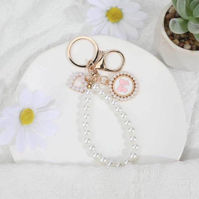Pearl Keychain with White Bow,Beaded Wristlet Keychains Mother's Day Gift for Women Bow Key Charms
