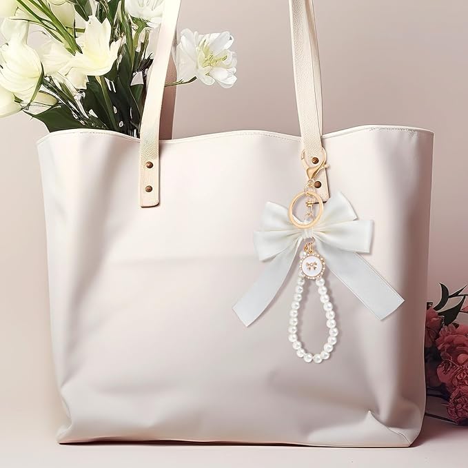 Joez Wonderful Pearl Bow Keychain, Cute Pink Bowknot & Pearl Keyring Charms, Aesthetic Keychain