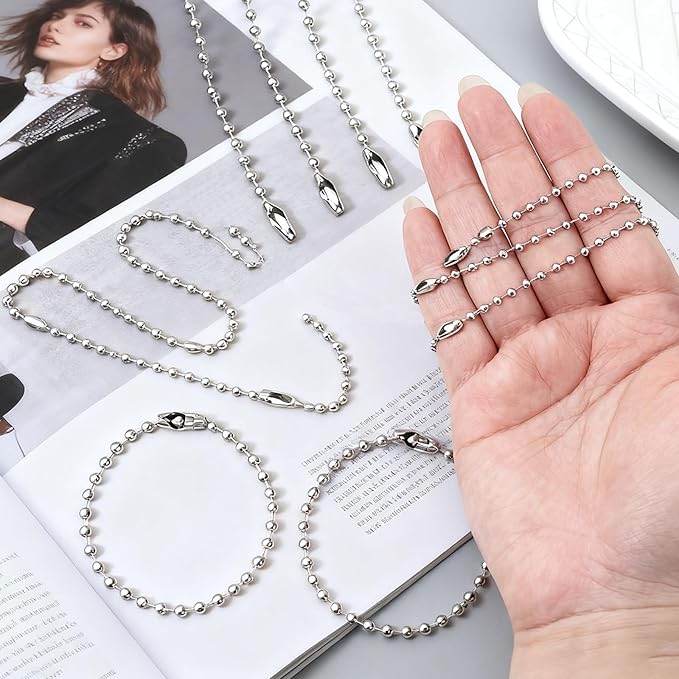 50 Pcs Ball Bead Chain, 4.72 Inch Dog Tag Chain, Stainless Steel Ball Chain Keychain and Connector Clasp, Silver Ball Bead Chains Bulk for Jewelry Making Key Rings Crafts DIY Hanging Decoration