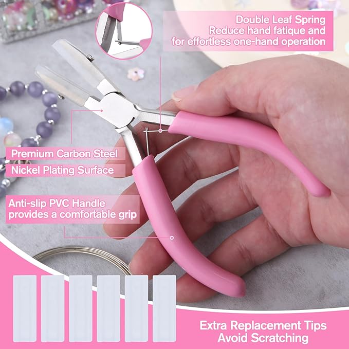 5-Inch Double Nylon Jaw Pliers with 3 Pairs of Replacement Tips and a Screwdriver, Flat Nylon Jaw Pliers for Jewelry Making, Spring Loaded Soft Nose Plier Wire Straightener Wire Wrapping Tool