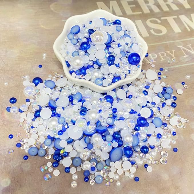 100g Mix Resin Rhinestones Flatback Half Round Pearls Mixed Size 3mm-10mm AB Color Half Pearls Resin Rhinestones for DIY Craft Nail Art Shoes Clothes Phone Case (Blue/White Series)