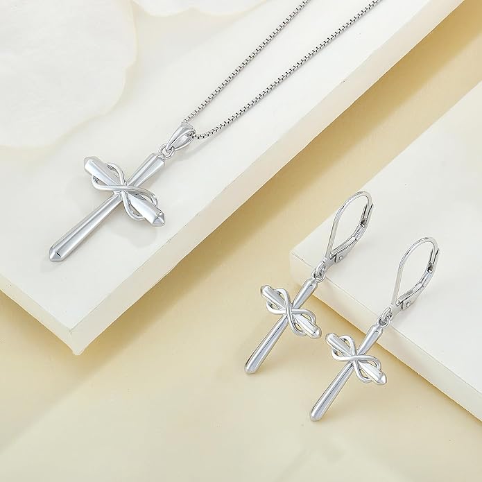Starchenie Infinity Cross Earrings for Women 925 Sterling Silver Polished Cross Leverback Earring Crucifix Jewelry