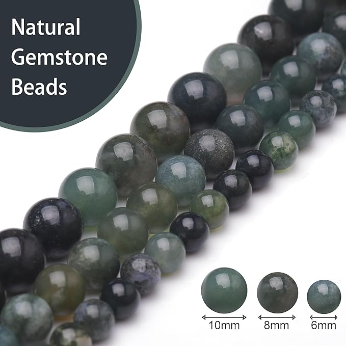 Natural Stone Beads for Jewelry Making,10mm Moss Agate Polished Smooth Round Gemstone Beads for Bracelet Necklace 15 Inch