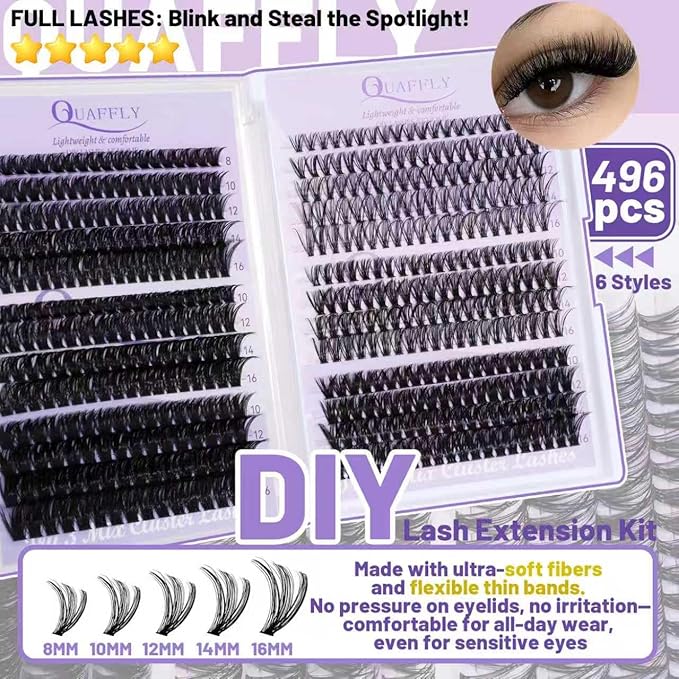 DIY Lash Extension Kit 1676Pcs D Curl Individual Spike Manga Lash Clusters Kit with Bottom Lashes, Lash Bond and Seal, Remover, Tweezers,Brush by QUAFFLY