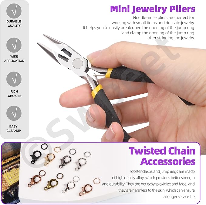 Swpeet 102Pcs White K Color 3mm by 10 Yard Length Jewelry Making Chains Kit with Jump Rings, Lobster Clasps and Jewelry Plier, Necklace Chains Flat Cable Link Chain Bulk Ideal for DIY Jewel Making