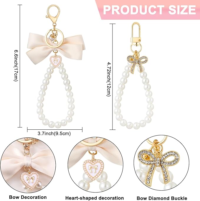2Pcs Cute Bow Keychain for Women,Purse Charms Bow Bag Charms for Handbag, Pearl Keychain Accessories for Car