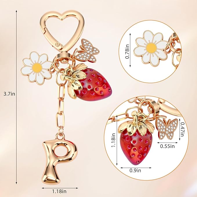 Strawberry Initial Keychain for Women-Cute Kawaii Gold Alphabet Bag Charms, Key chain Gift for Purse Handbag