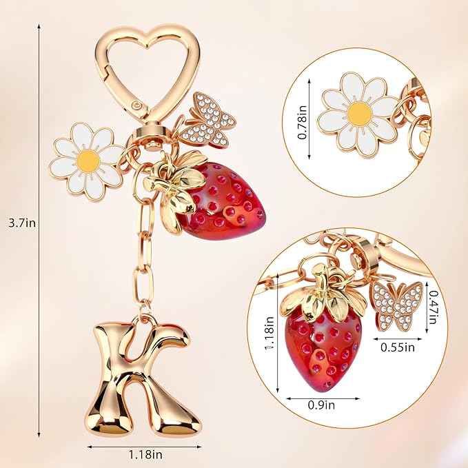 Strawberry Initial Keychain for Women-Cute Kawaii Gold Alphabet Bag Charms, Key chain Gift for Purse Handbag