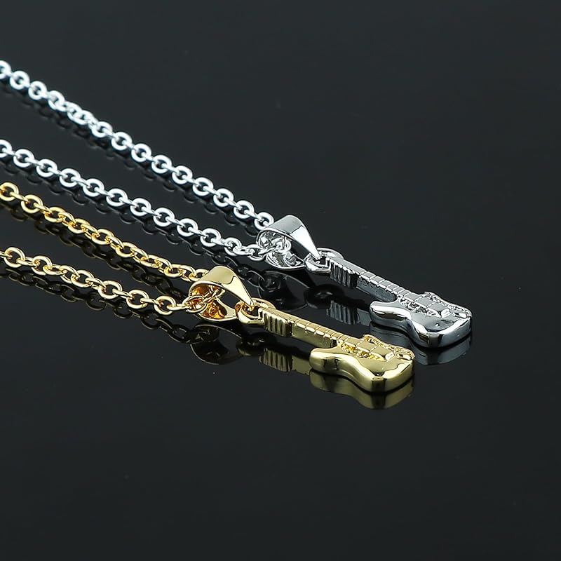 JOR Guitar Charm Pendant Necklace, CZ, Men & Women Unisex Jewelry, Dainty Gold & Silver Plated Combo Chain 18 inch (Pack of 2)
