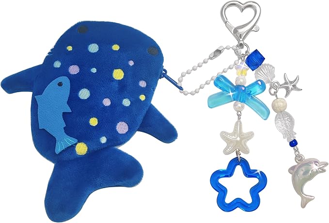 Adorable Whale Shark Coin Purse Keychain,Soft Plush Zipper Coin Purse,Handmade Purse Bag Charm Gift for Girls Women (Dark Blue)
