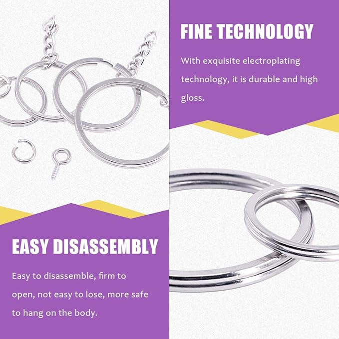 Swpeet 300Pcs Sliver Flat Key Chain Rings Kit, 100Pcs Keychain Rings with Chain and 100Pcs Jump Ring with 100Pcs Screw Eye Pins Bulk for Jewelry Findings Making - 4/5 Inch, 1 Inch, 6/5 Inch, 7/5 Inch