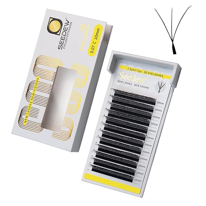 SEEDEW 3D-Double Tips Lash Extensions, 0.07mm C Curl 10mm 12 Rows/Tray, W Shape 3DD Flat Stem, PBT Natural False Eyelashes for Beginner Artist, Lash Tech, Beauty Salon(3DD-Matte Black-0.07-C-10mm)
