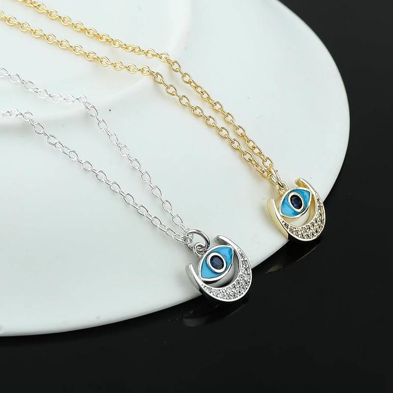 JOR Evil Eye Charm Pendant Necklace, Women Jewelry, Dainty Gold & Silver Plated Combo Chain 18 inch (Pack of 2)
