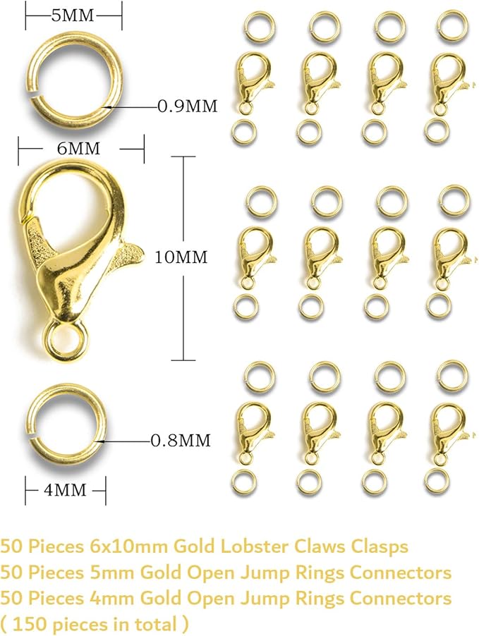 AD Beads 50 Pieces Lobster Claws Clasps Plus 100 Pieces 5mm Match Color Open Jump Rings Suitable for Necklace Bracelets Jewelry (6x10mm, Gold)