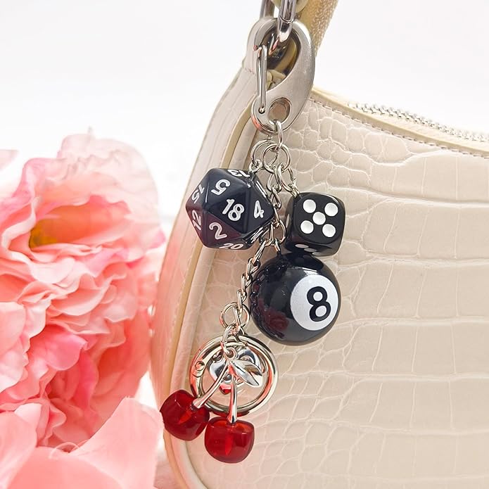 Y2K Keychain for Women, 8 Ball Dice Charm with Carabiner Clip - Cute Goth Core Keychain Bag Charm for Keys Bags Jeans