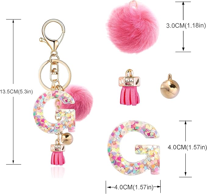 Resin Alphabet Initial Letter Keychain Keyring for Women Purse Handbags With Fur Ball Pom