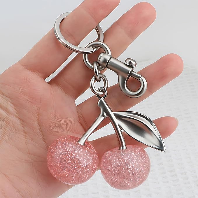 Cherry Keychain for Purse - Resin Alloy Silver Cherry Bag Charm，Cute Fruit Accessory for Women/Gift/Home/Car