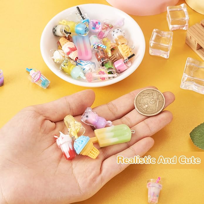 Craftdady Resin Plastic Miniature Food Snack Pendants Charms Ice Drink Juice Pendants Cute Bottle Fruit Keychain Charms Hang Ornament for DIY Craft Earring Bracelet Necklace Jewelry Making