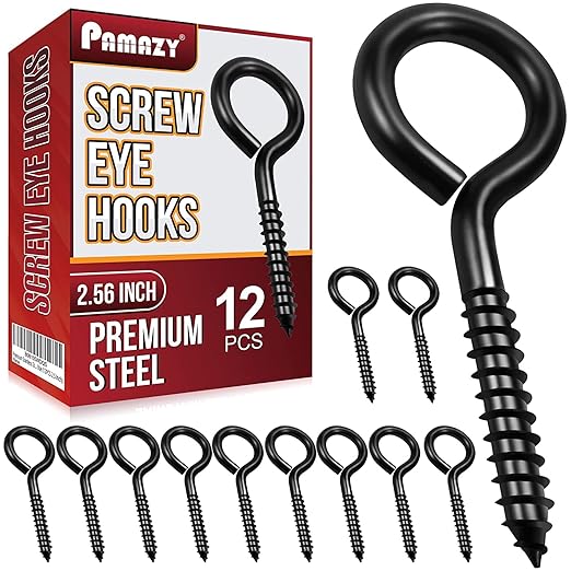 12Pcs Black Screw Eyes, 2.56 Inch Heavy Duty Eye Hooks for Wood Securing Cables Wire, Hammock Stand, Indoor & Outdoor Use