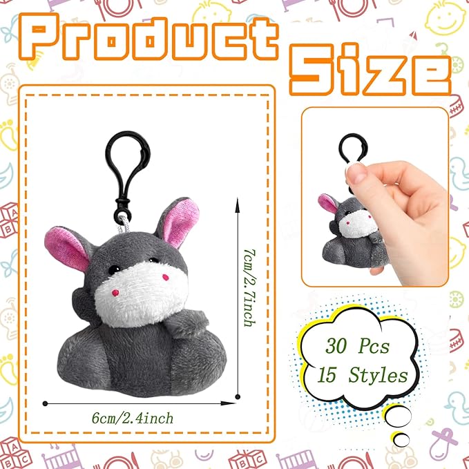 30 PCS Mini Plush Toys,Cute Stuffed Animals Plush Keychain Set,Animals Toys for Kids,Easter Basket Stuffers,Party Favors,Classroom Gift