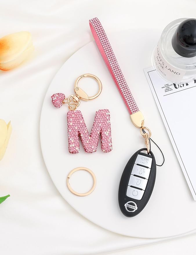 Initial Keychain for Women Girls,Bling Letter Key chain Initial with Heart,Pink Keychain Charms for Backpack Handbag