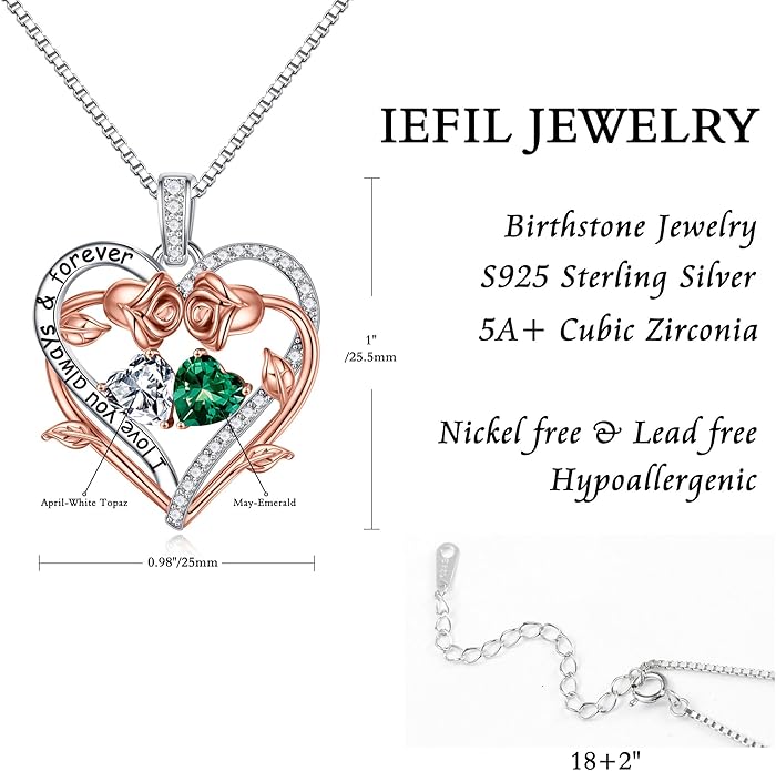 Iefil Valentines Gifts for Her Wife Women - Rose Heart Double Birthstone Necklace Gift for Wife Girlfriend Her Women, Birthstone Jewelry Gemstone Birthday Gifts for Mom Grandma Her