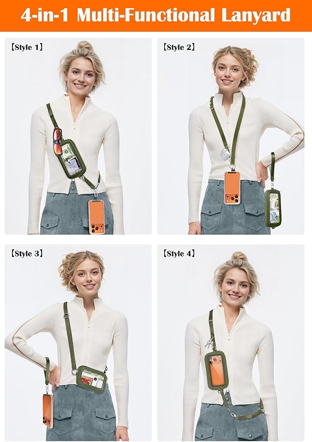 takyu Clip and Go Strap for Phone with Wallet Crossbody, 4-in-1 Hands-Free Phone Lanyard with Detachable Wallet Wrist Strap, Convertible Crossbody Bags with ID Window for Women Travel, Forest Green