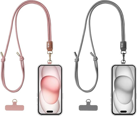 2 Pack Crossbody & Neck Phone Strap, Customizable Neck Strap with 0.5mm Removable Phone Tab, Hands-Free Holder for Phone Cases (Rose Pink+Ash Gray)