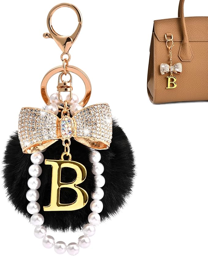 Gold Initial Keychain with Rhinestone Bow & Black Pom Pom, Cute Letter Bag Charm for Women Purse and Car Keys