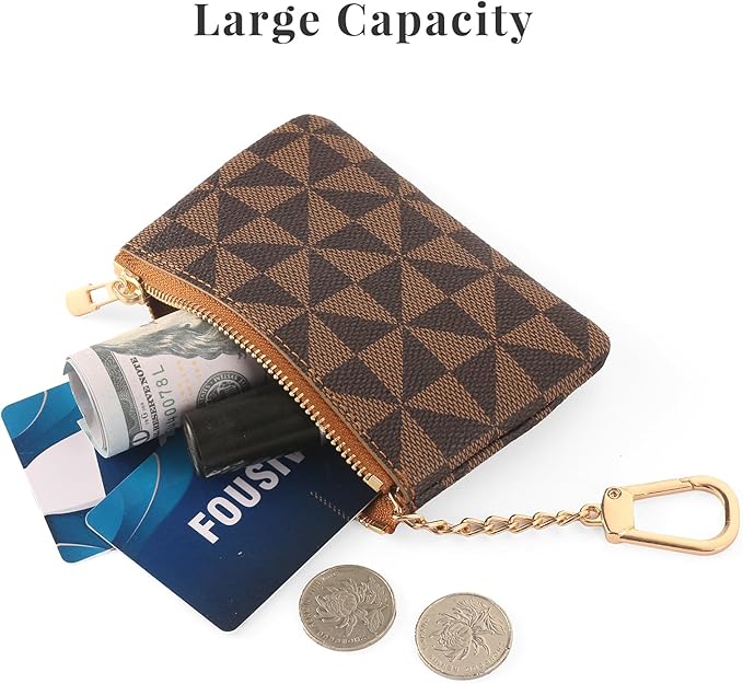 Leather Coin Purse for Women with KeyChain Small Zipper Change Purse coin Pouch Card Holder Wallet Clutch for Women & Men (Brown)