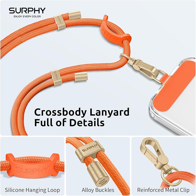 SURPHY Phone Lanyard, Adjustable Phone Strap Crossbody with 2 Pack Cell Phone Tether Tab, Premium Metal Buckles, Skin-Friendly, Universal Cell Phone Lanyard Crossbody for Women and Men, Orange
