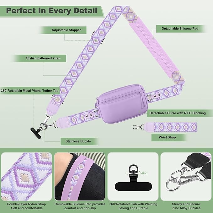 Clip and Go Strap for Phone with Wallet Crossbody, Adjustable Phone Lanyard with Detachable RFID Wristlet Wallet, Pattern Strap, Light Purple(M)