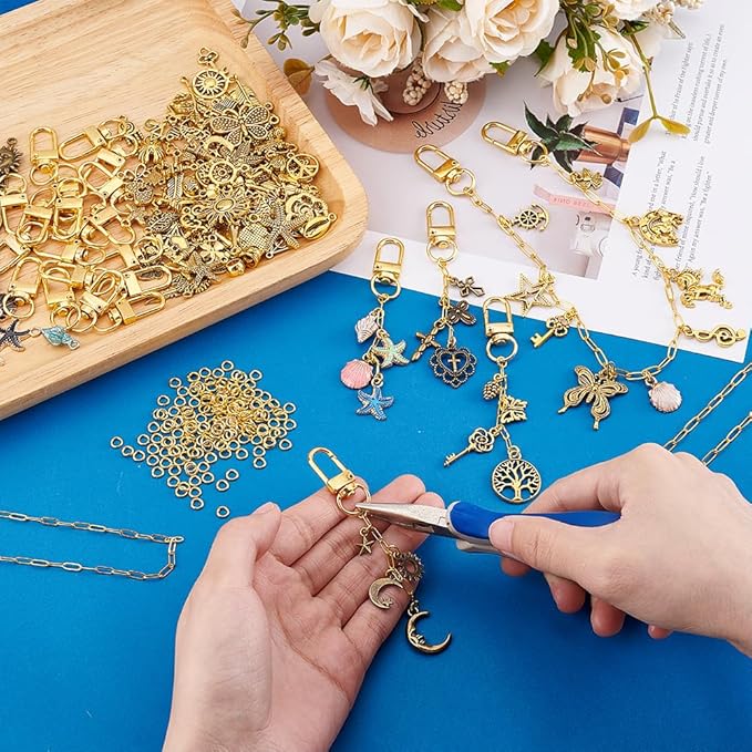 PH PandaHall 408pcs Keychain Making Kit, 30pcs Clasps with Pendants Chains Jump Rings Plier Key Chain Making Kit for Bag Straps Keychains Purse Chains DIY Crafts, Make 30 Sets