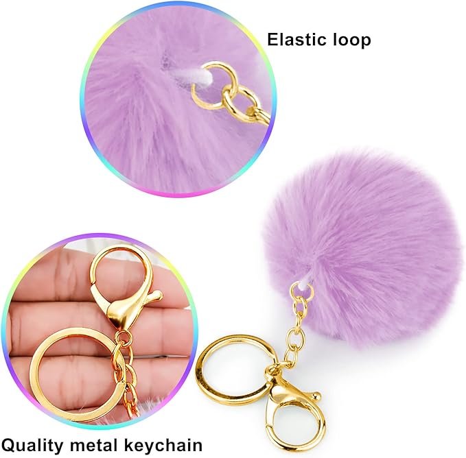 BQTQ 18 Pieces Pom Pom Keychain Rabbit Faux Fur Ball Keychain Fluffy Pom Pom Keychain Pom Pom Puff Ball with Keychain Hooks