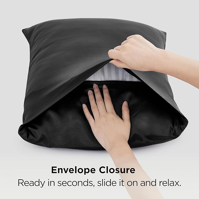 Bedsure Satin Pillowcase 2 Pack Similar to Silk Pillow Cases Standard Size, Pillow Case for Sleeping Women with Envelope Closure, Gifts for Women Men, Black, 20x26 Inches, 2pcs