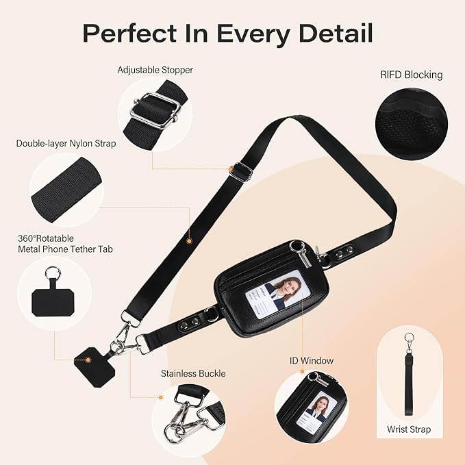 Phone Lanyard Crossbody with Wallet，Detachable Phone Strap Wristlet with ID Window and Zipper，Adjustable Strap for All Phone