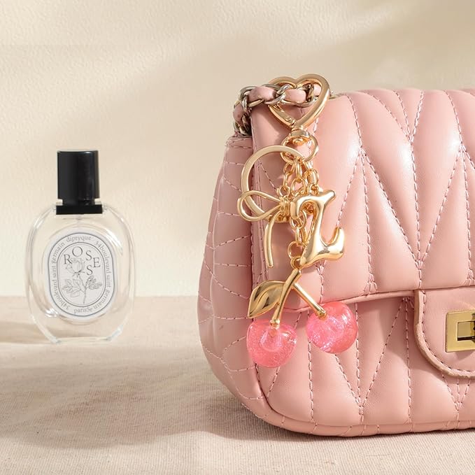 Snycler Bubble Initial Keychain with Cherry & Bow - Gold Letter Bag Charms for Women, Cute Purse Handbag Accessories