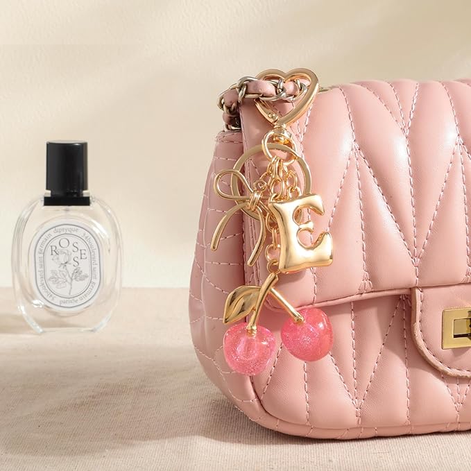 Snycler Bubble Initial Keychain with Cherry & Bow - Gold Letter Bag Charms for Women, Cute Purse Handbag Accessories