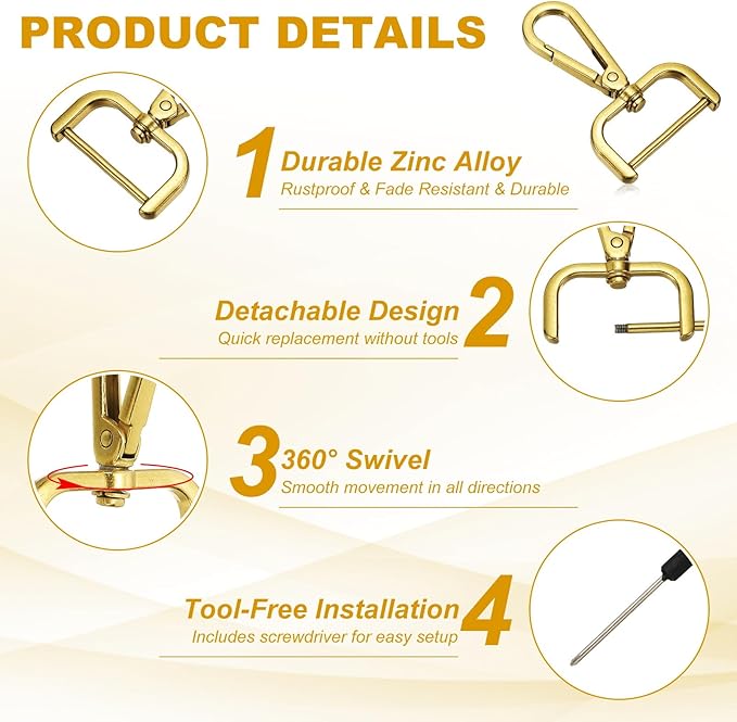 YELARXI Swivel Clasps Hook, 1-1/4 Inch ID Detachable Snap Hook W/Screw Bar D Ring Claw Clasp with Screwdriver Fit for Lanyard Bag Leather Craft Purse Hardware DIY Bag (4 Pack, Gold)