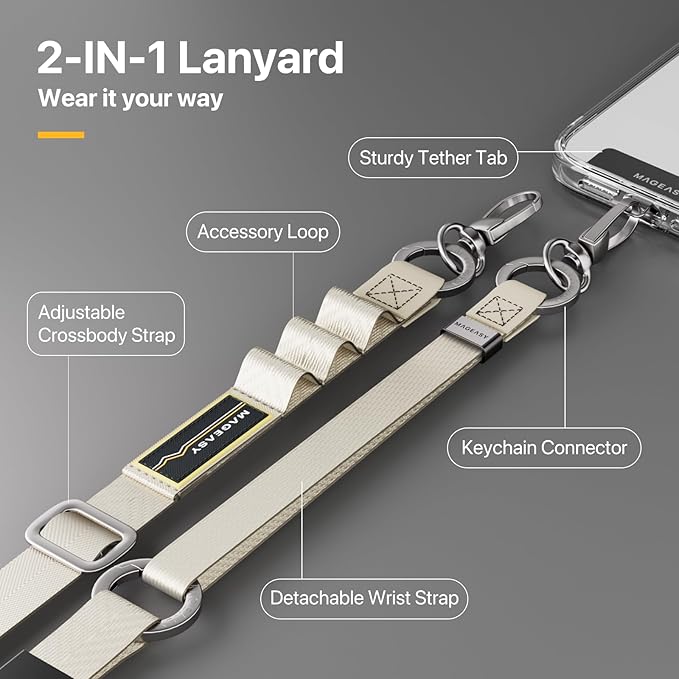 MAGEASY 2-IN-1 Cell Phone Lanyard Crossbody + Wrist Strap Detachable, Built-in Phone Tether Tab & Keychain Compatible with iPhone Most Smartphones | Click and Go Strap for Daily Travel (Starlight)